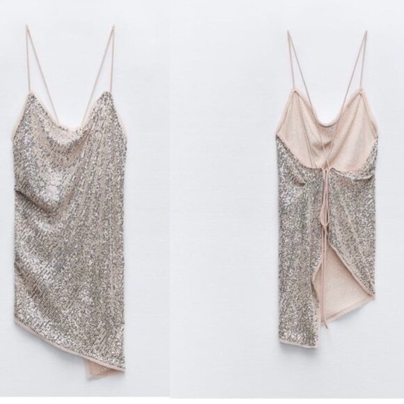Zara beige sequin asymmetrical spaghetti strap open back blouse top M NWOT sexy - Picture 1 of 11